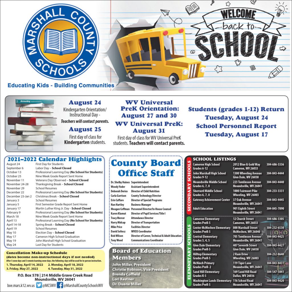 an informational flyer with the 2021-2022 Marshall County Schools academic calendar. Please call 304-843-4400 for additional information.