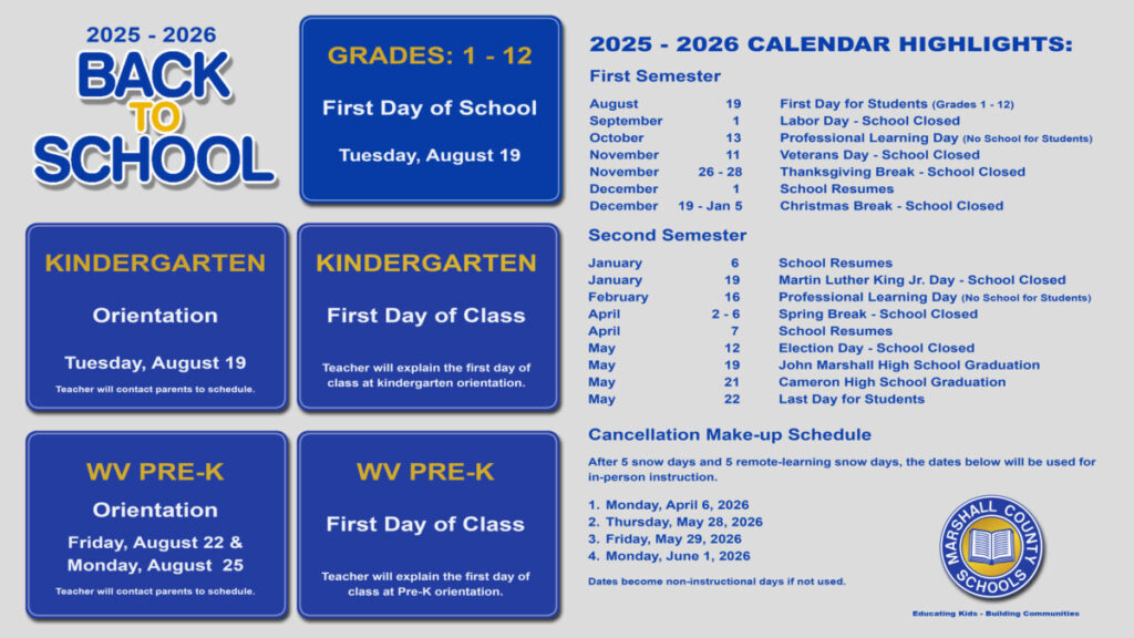 Students (grades 1-12) Return on Tuesday, August 19

Kindergarten Orientation: August 19 - Teachers will contact parents about orientation and the first day of class.

WV Universal PreK Orientation: August 22 & August 25 - Teachers will contact parents about orientation and the first day of class.

2025 – 2026     Calendar Highlights

August             	19        First Day for Students
September           	  1       	Labor Day – School Closed
October		13	Professional Learning Day (No School for Students)
November          	11      	Veterans Day – School Closed
November     	       26-28       	Thanksgiving Break – School Closed
December            	  1      	School Resumes
December 	  19-Jan 5       	Christmas Break – School Closed
January                 	  6        School Resumes
January                    	19        Martin Luther King Jr. Day - School Closed
February	        	16	Professional Learning Day (No School for Students)
April                           2-6	Spring Break – School Closed
April                    	  7       	School Resumes
May                          	12      	Election Day – School Closed
May                          	19      	John Marshall High School Graduation
May                             21        Cameron High School Graduation 	
May                             22        Last Day for Students 
 

Cancellation Make-up Schedule (dates become non-instructional days if not needed)
After 5 snow days and 5 remote learning snow days, the following days will be used for in-person instruction.

1.	Monday, April 6, 2026	
2.	Thursday, May 28, 2026   	
3.	Friday, May 29, 2026      	
4.	Monday, June 1, 2026       	