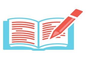 A blue book with a red pencil with red lines representing words on the white pages.